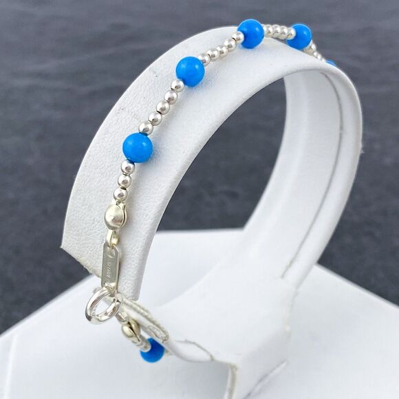 Blue Glass Bead Bracelet | Sterling Silver 925 | 90's Jewelry | 7" - Picture 3 of 7